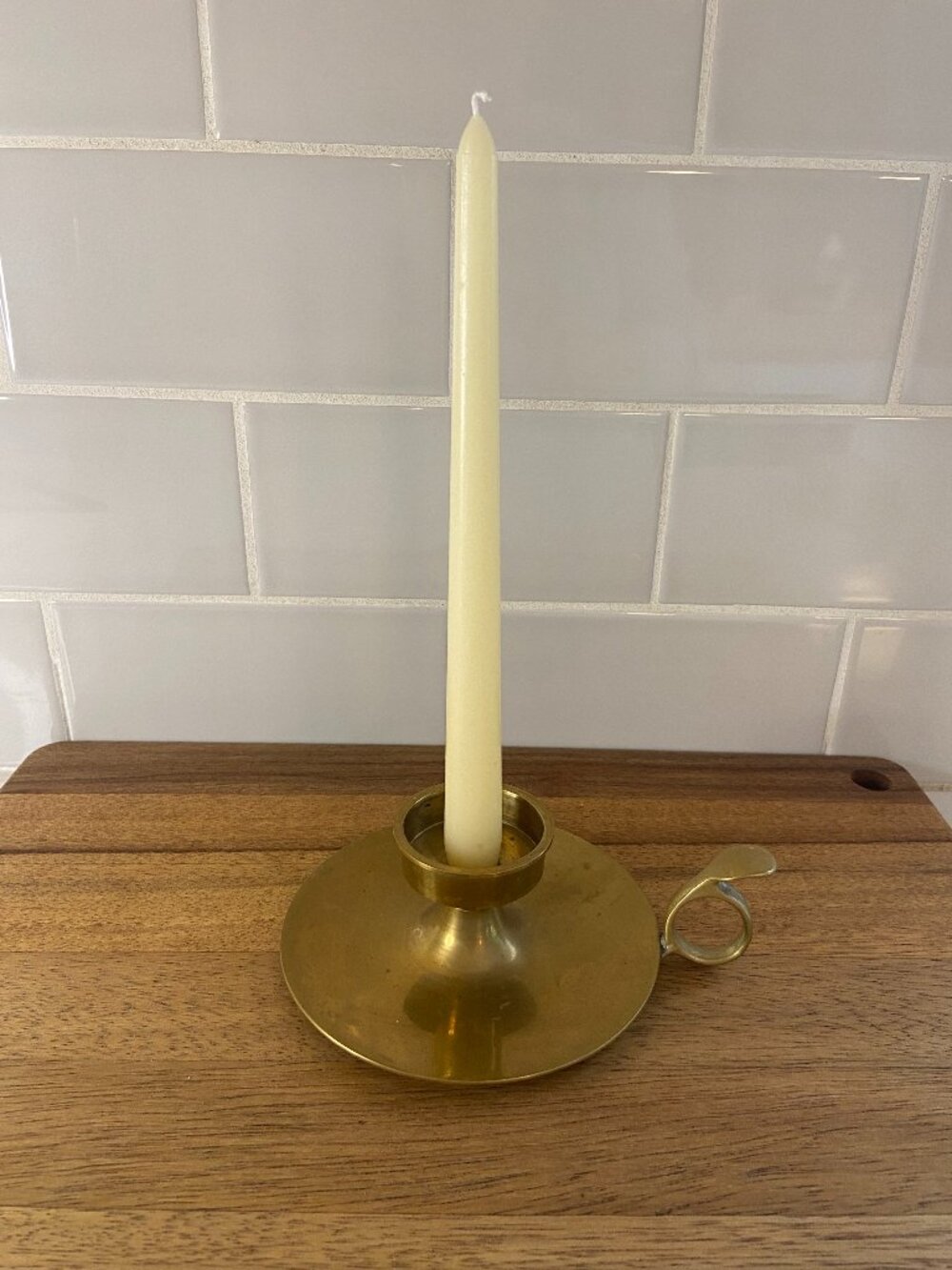Vintage Solid Brass Chamberstick Finger Loop Candle Holder Primitive Farmhouse D